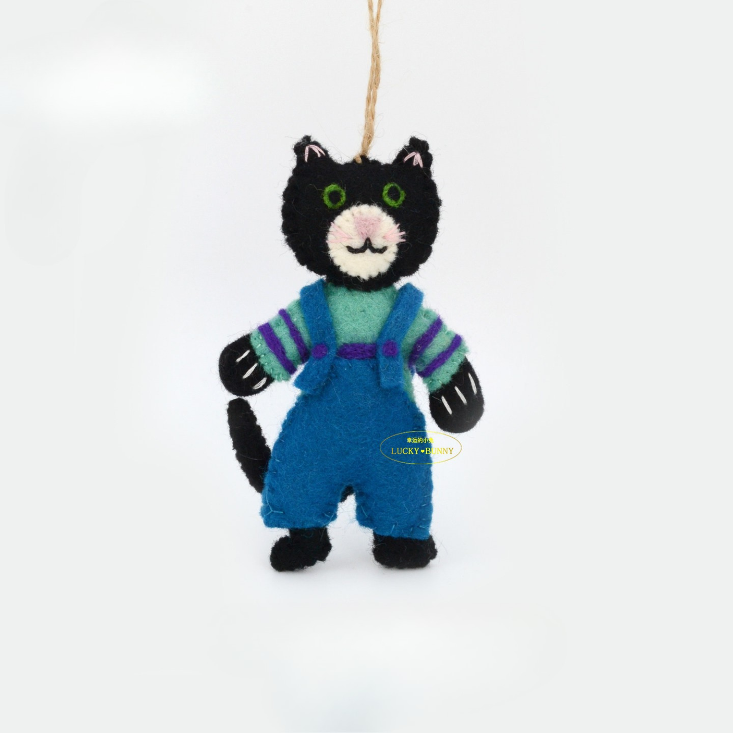 Nepalese Handmade Wool Felt Pendant Charms - Overalls Cat