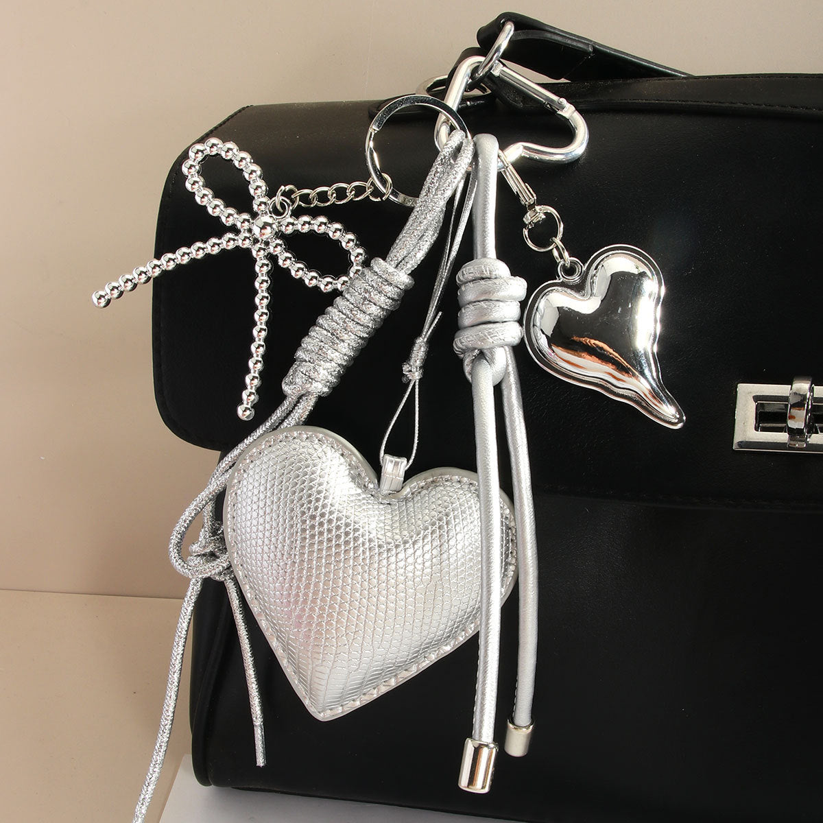 Silver Heart Bow Bag Charm – Cute Purse Accessory