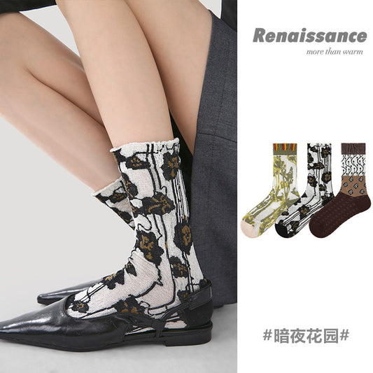 Floral Mesh Crew Socks – Breathable Lace Trim Socks（3 pairs mixed）