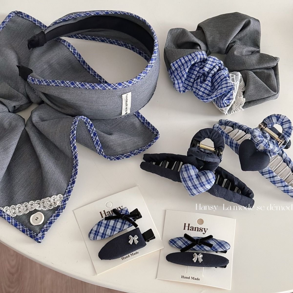 Blue-Grey Lace Plaid Hair Accessory – Clip & Scrunchie