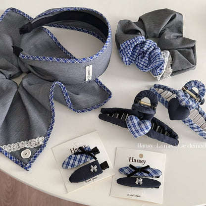 Blue-Grey Lace Plaid Hair Accessory – Clip & Scrunchie