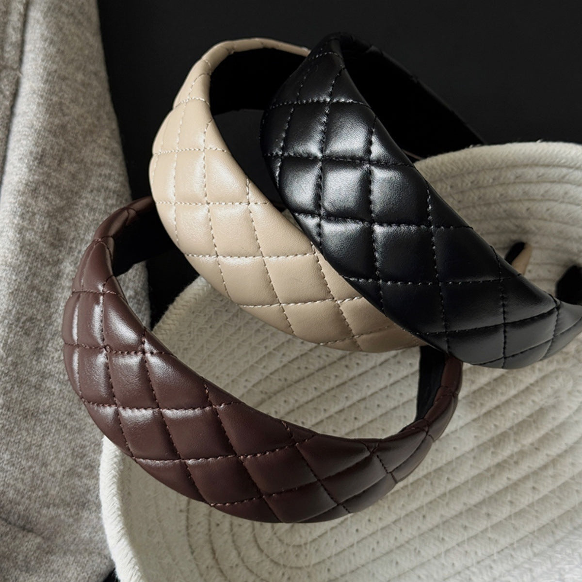 Plaid Leather Hairband – Elegant Wide Headband for Lifted Crown