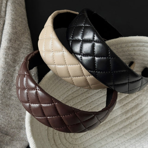 Plaid Leather Hairband – Elegant Wide Headband for Lifted Crown