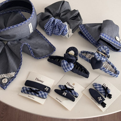 Blue-Grey Lace Plaid Hair Accessory – Clip & Scrunchie