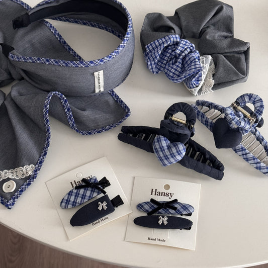 Blue-Grey Lace Plaid Hair Accessory – Clip & Scrunchie