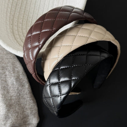 Plaid Leather Hairband – Elegant Wide Headband for Lifted Crown