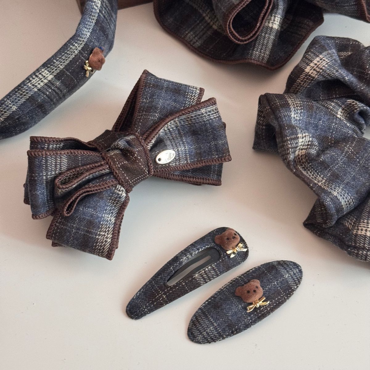 Vintage Plaid Teddy Bear Bow Banana Clip