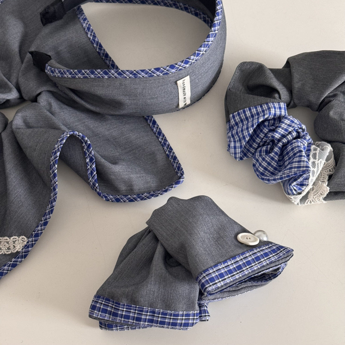 Blue-Grey Lace Plaid Hair Accessory – Clip & Scrunchie