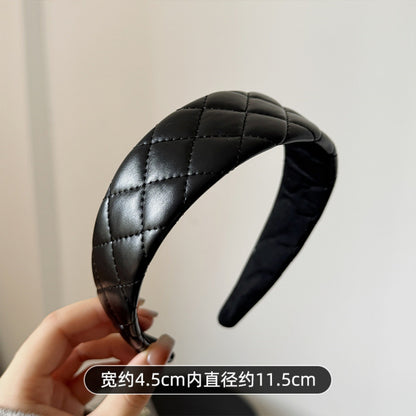 Plaid Leather Hairband – Elegant Wide Headband for Lifted Crown