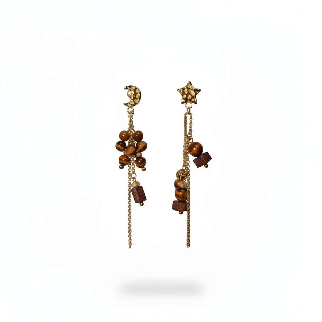 Star&Moon Tiger Eye Tassel Earrings