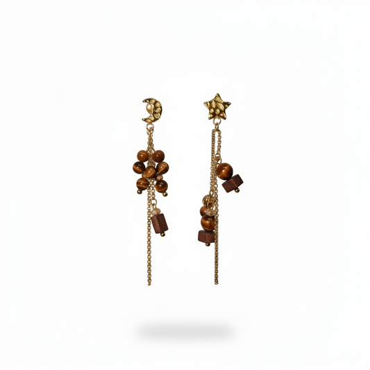 Star&Moon Tiger Eye Tassel Earrings